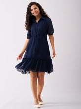 Navy Blue Chiffon Brasso Swiss Dot Point Collar Dress